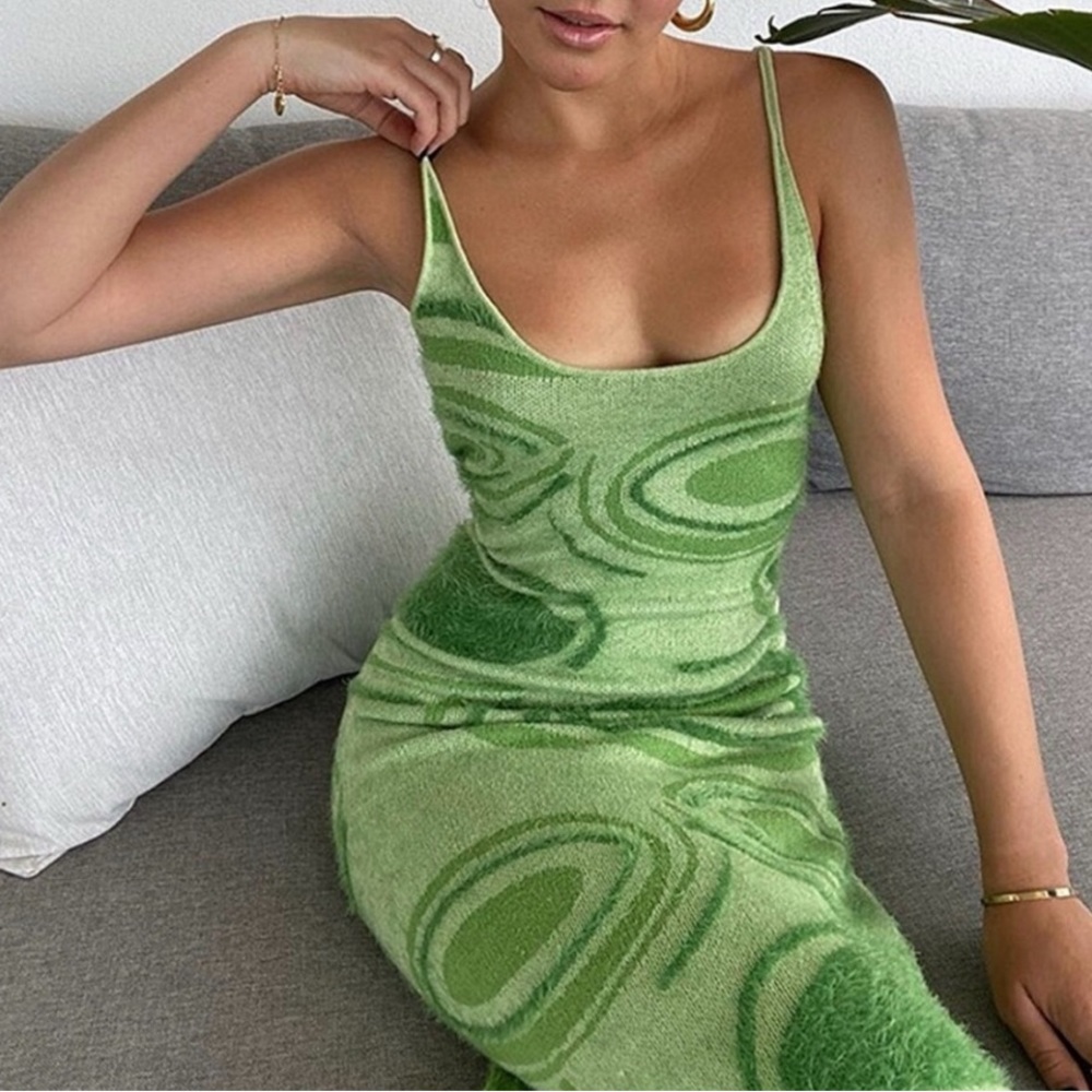 House of Sunny Two-Tone Hockney Dress MED Green Coastal Beach Knit Sweater Tank